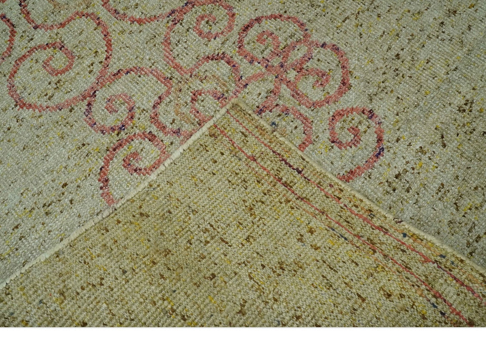 5x8 Olive, Silver and dark Peach Hand Knotted Traditional Floral wool area Rug