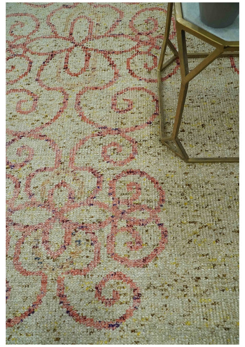 5x8 Olive, Silver and dark Peach Hand Knotted Traditional Floral wool area Rug