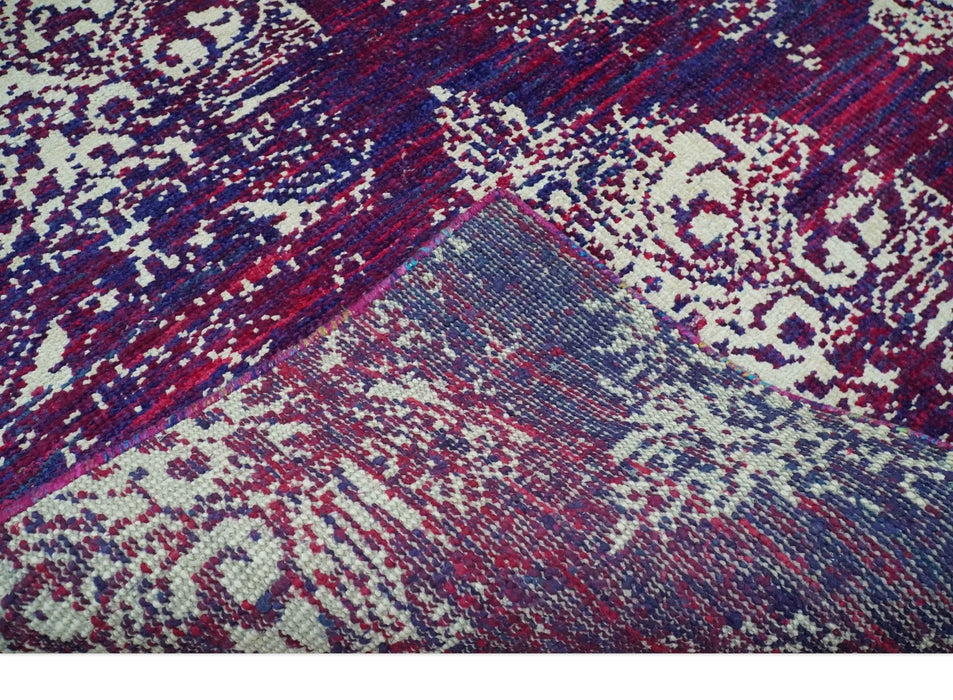 5x8 Purple, Maroon and Ivory Traditional Large Ikat Design Hand Knotted wool Area Rug