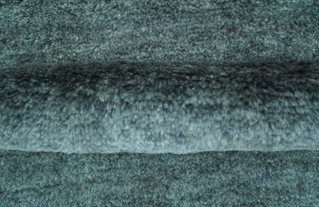Custom Made Contemporary Solid Plush Steel Blue Hand Knotted Wool Rug