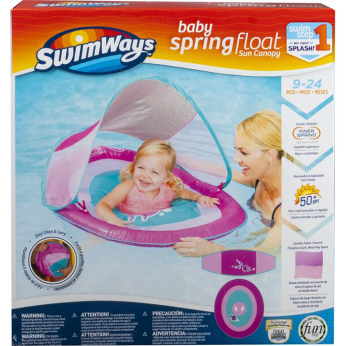 SwimWays Baby Spring Inflatable Round Pool Float w/ Protective Canopy, Pink Fish