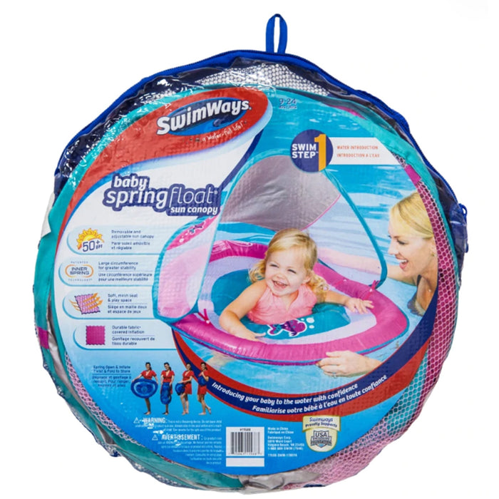 SwimWays Baby Spring Inflatable Round Pool Float w/ Protective Canopy, Pink Fish