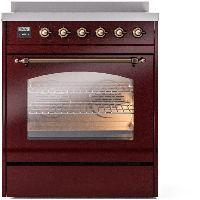 ILVE Nostalgie II 30" Induction Range with Element Stove and Electric Oven in Burgundy with Bronze Trim, UPI304NMPBUB