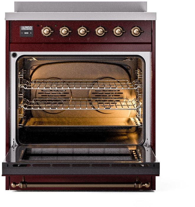 ILVE Nostalgie II 30" Induction Range with Element Stove and Electric Oven in Burgundy with Bronze Trim, UPI304NMPBUB