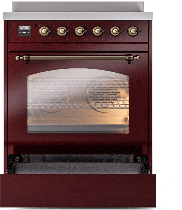 ILVE Nostalgie II 30" Induction Range with Element Stove and Electric Oven in Burgundy with Bronze Trim, UPI304NMPBUB