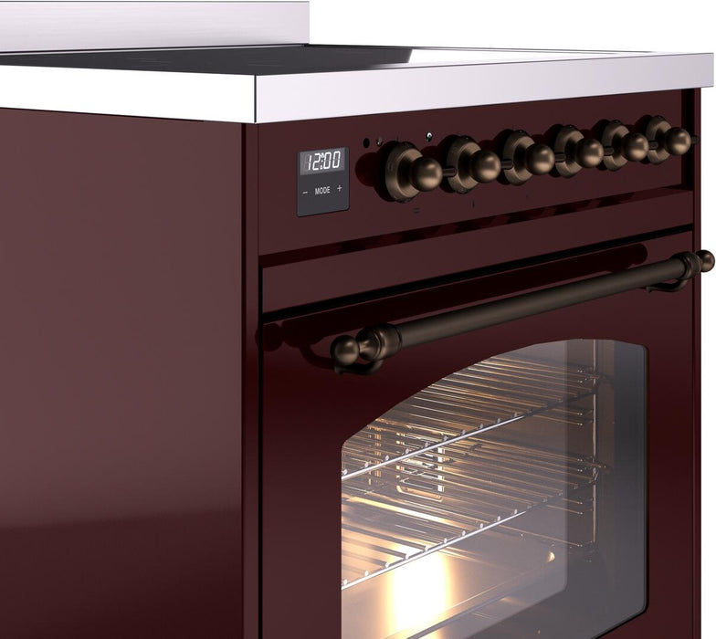 ILVE Nostalgie II 30" Induction Range with Element Stove and Electric Oven in Burgundy with Bronze Trim, UPI304NMPBUB