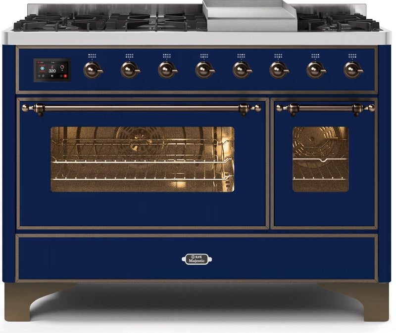 ILVE Majestic II 48" Dual Fuel Natural Gas Range in Blue with Bronze Trim, UM12FDNS3MBB