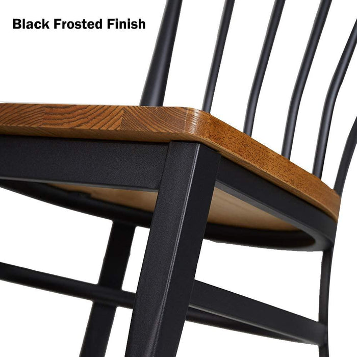 Set of 2 Dining Side Chairs Natural Wood Seat Iron Frame Kitchen Chairs, Comb Back, Black