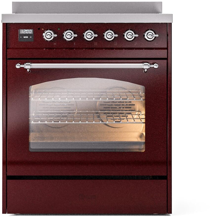 ILVE Nostalgie II 30" Induction Range with Element Stove and Electric Oven in Burgundy with Chrome Trim, UPI304NMPBUC