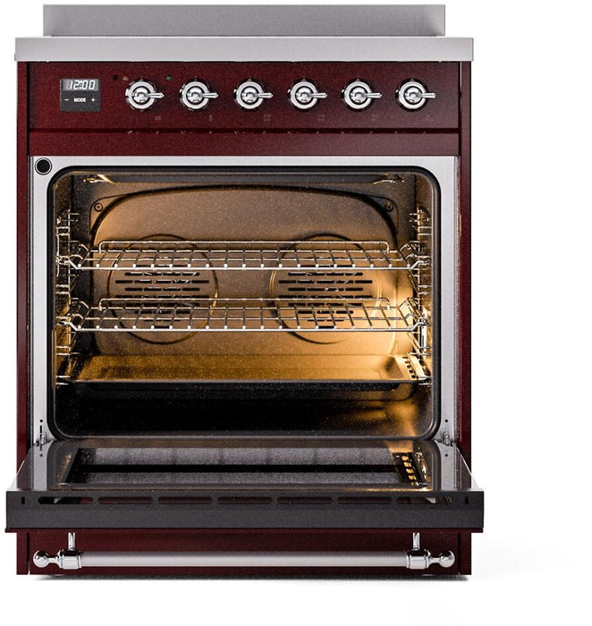 ILVE Nostalgie II 30" Induction Range with Element Stove and Electric Oven in Burgundy with Chrome Trim, UPI304NMPBUC