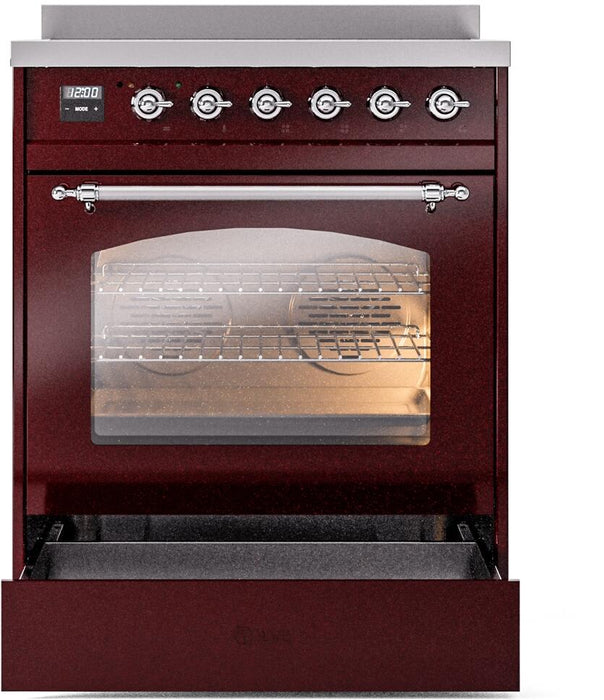 ILVE Nostalgie II 30" Induction Range with Element Stove and Electric Oven in Burgundy with Chrome Trim, UPI304NMPBUC