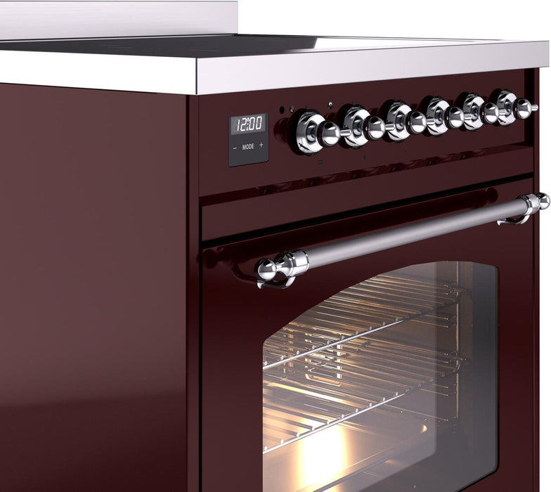 ILVE Nostalgie II 30" Induction Range with Element Stove and Electric Oven in Burgundy with Chrome Trim, UPI304NMPBUC