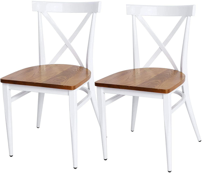 Set of 2 Dining Side Chairs Solid Wood Chair Heavy Duty Metal Frame, X Back, White