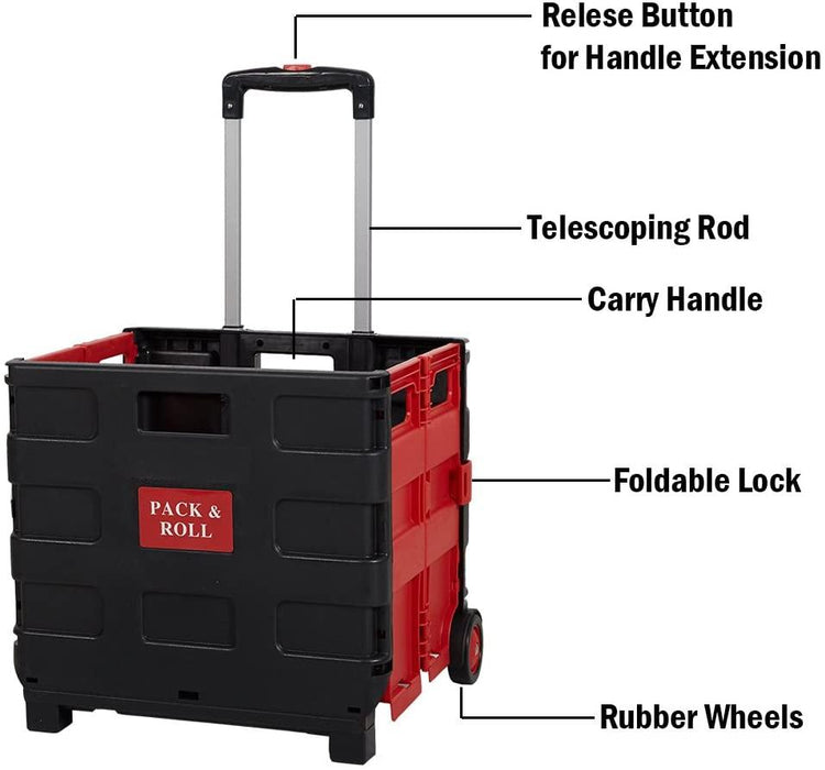 6PCS 56L Collapsible Rolling Crate Utility Cart Foldable Grocery Cart with Wheels, Red