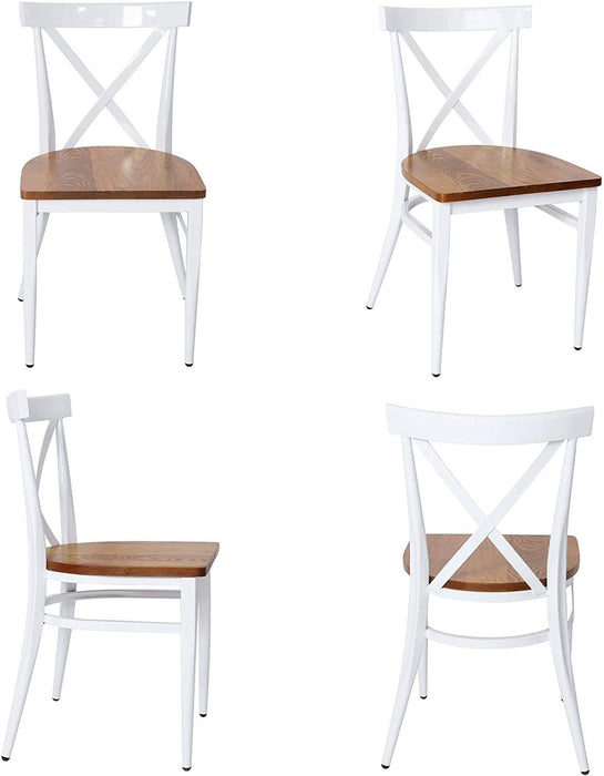 Set of 2 Dining Side Chairs Solid Wood Chair Heavy Duty Metal Frame, X Back, White