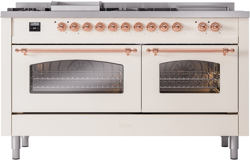 ILVE Nostalgie II 60" Dual Fuel Natural Gas Range in Antique White with Copper Trim, UP60FSNMPAWP