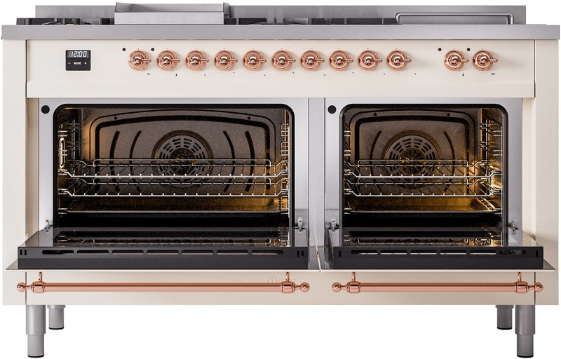 ILVE Nostalgie II 60" Dual Fuel Natural Gas Range in Antique White with Copper Trim, UP60FSNMPAWP