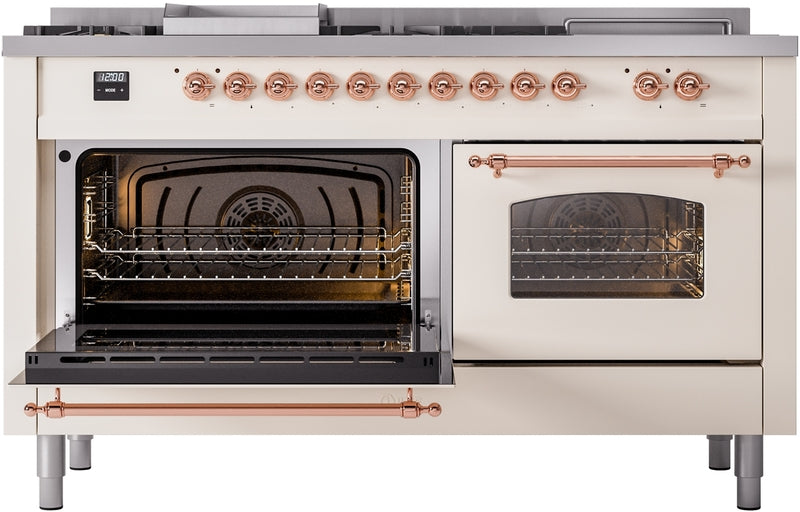 ILVE Nostalgie II 60" Dual Fuel Natural Gas Range in Antique White with Copper Trim, UP60FSNMPAWP