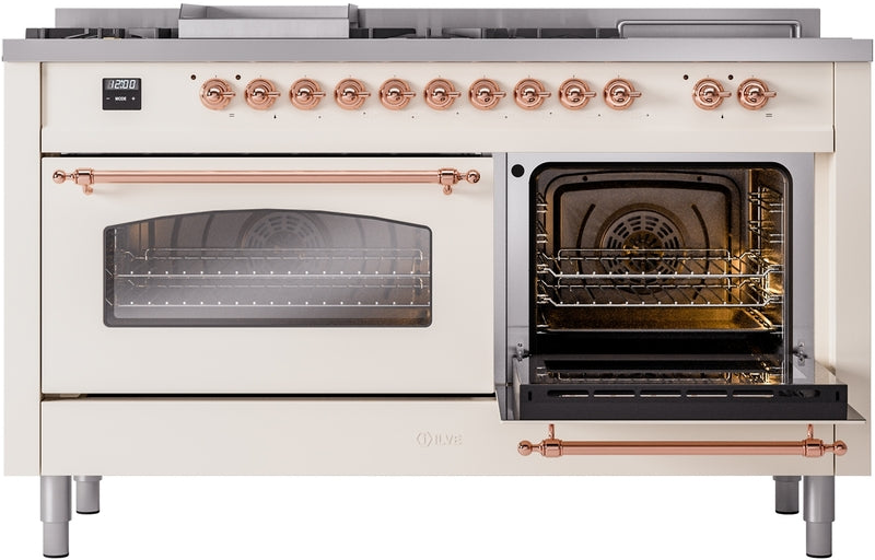 ILVE Nostalgie II 60" Dual Fuel Natural Gas Range in Antique White with Copper Trim, UP60FSNMPAWP