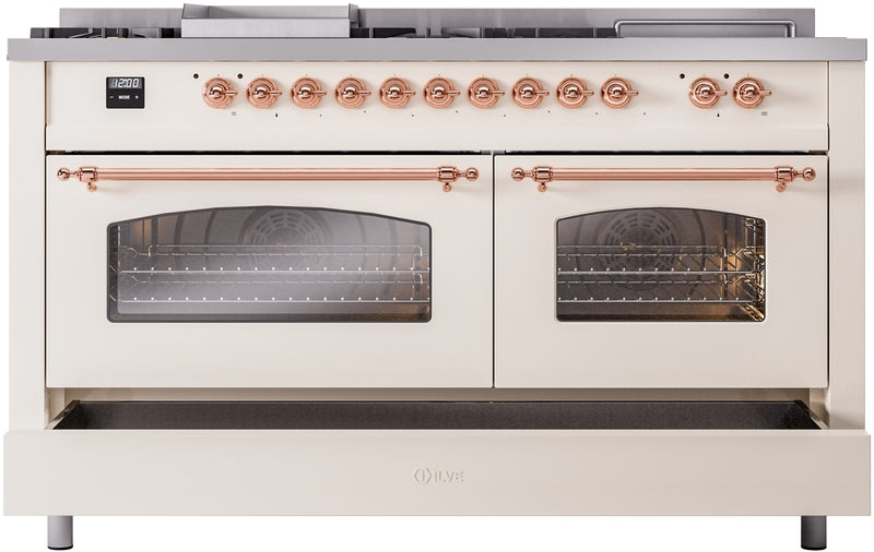 ILVE Nostalgie II 60" Dual Fuel Natural Gas Range in Antique White with Copper Trim, UP60FSNMPAWP