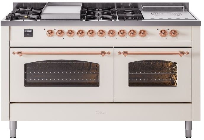 ILVE Nostalgie II 60" Dual Fuel Natural Gas Range in Antique White with Copper Trim, UP60FSNMPAWP