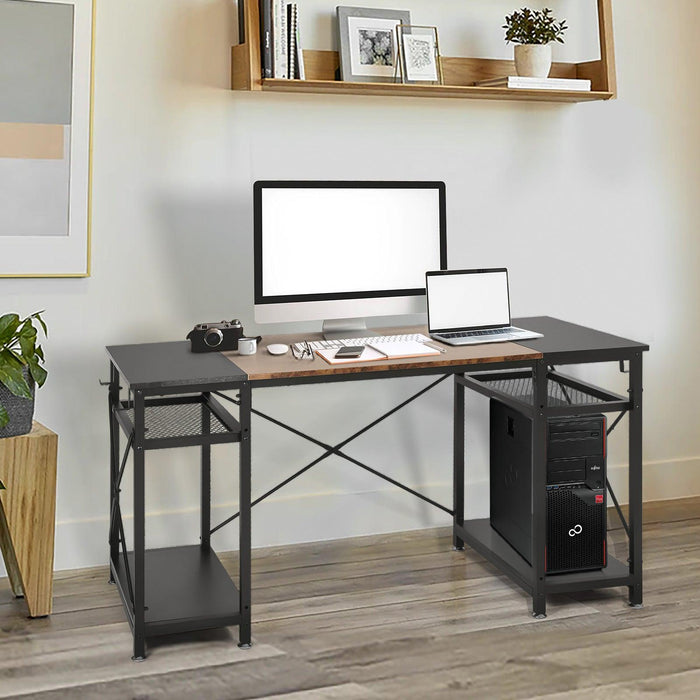 47.2" Home Office Computer Desk with Storage Shelves and 4 Hooks, Rustic and Black