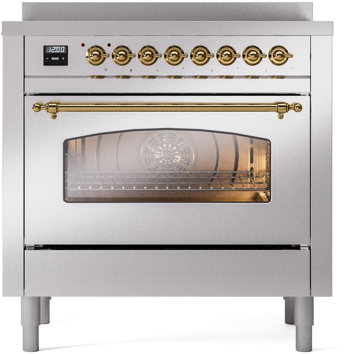 ILVE Nostalgie II 36" Induction Range with Element Stove and Electric Oven in Stainless Steel with Brass Trim, UPI366NMPSSG