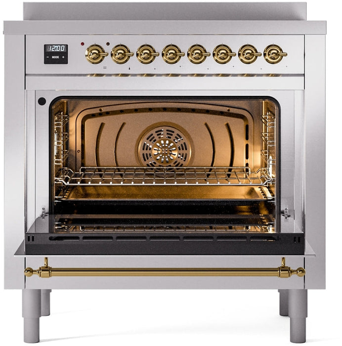 ILVE Nostalgie II 36" Induction Range with Element Stove and Electric Oven in Stainless Steel with Brass Trim, UPI366NMPSSG