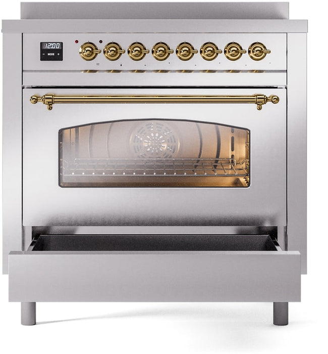 ILVE Nostalgie II 36" Induction Range with Element Stove and Electric Oven in Stainless Steel with Brass Trim, UPI366NMPSSG