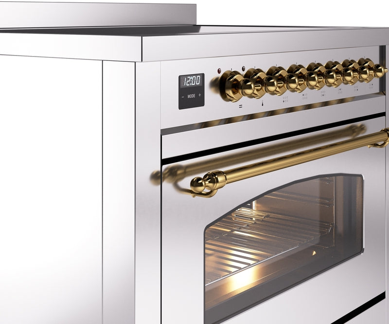 ILVE Nostalgie II 36" Induction Range with Element Stove and Electric Oven in Stainless Steel with Brass Trim, UPI366NMPSSG