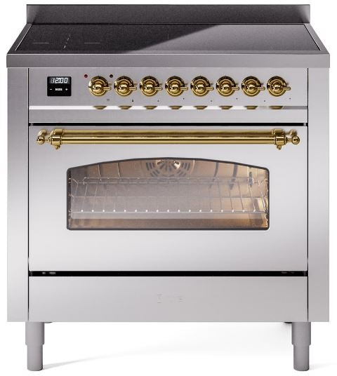 ILVE Nostalgie II 36" Induction Range with Element Stove and Electric Oven in Stainless Steel with Brass Trim, UPI366NMPSSG