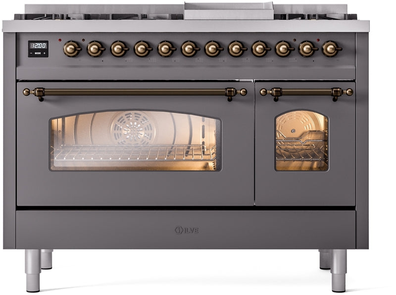 ILVE Nostalgie II 48" Dual Fuel Propane Gas Range in Matte Graphite with Bronze Trim, UP48FNMPMGBLP