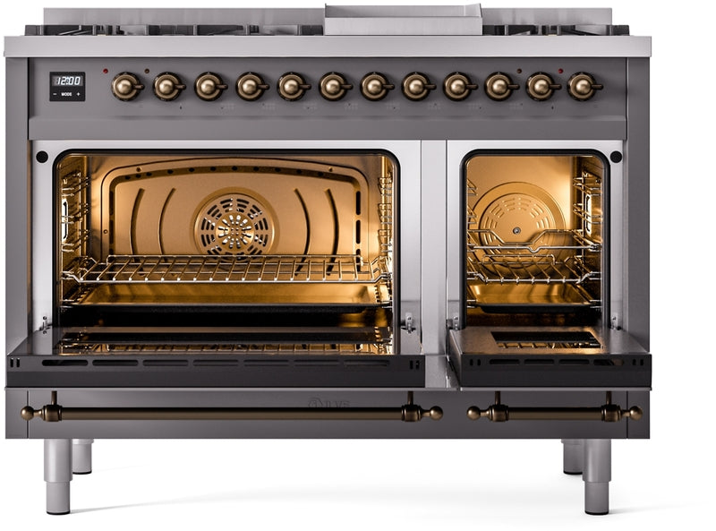 ILVE Nostalgie II 48" Dual Fuel Propane Gas Range in Matte Graphite with Bronze Trim, UP48FNMPMGBLP