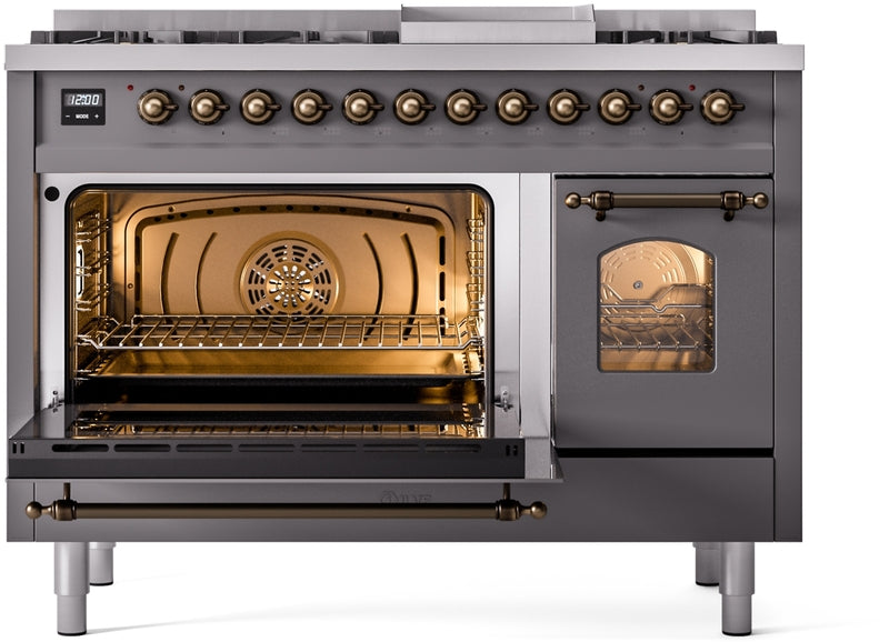 ILVE Nostalgie II 48" Dual Fuel Propane Gas Range in Matte Graphite with Bronze Trim, UP48FNMPMGBLP