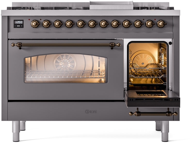 ILVE Nostalgie II 48" Dual Fuel Propane Gas Range in Matte Graphite with Bronze Trim, UP48FNMPMGBLP