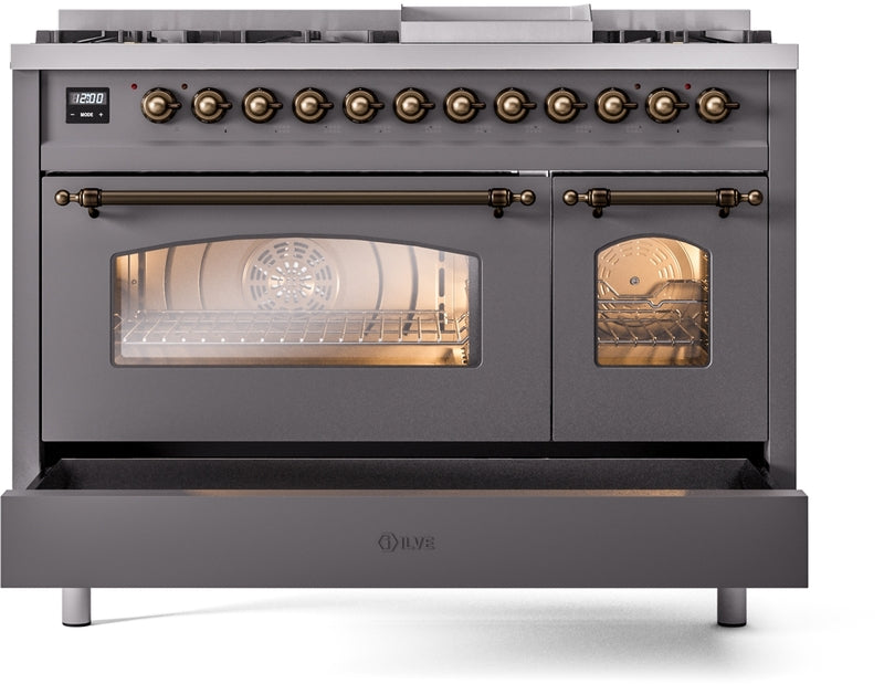 ILVE Nostalgie II 48" Dual Fuel Propane Gas Range in Matte Graphite with Bronze Trim, UP48FNMPMGBLP