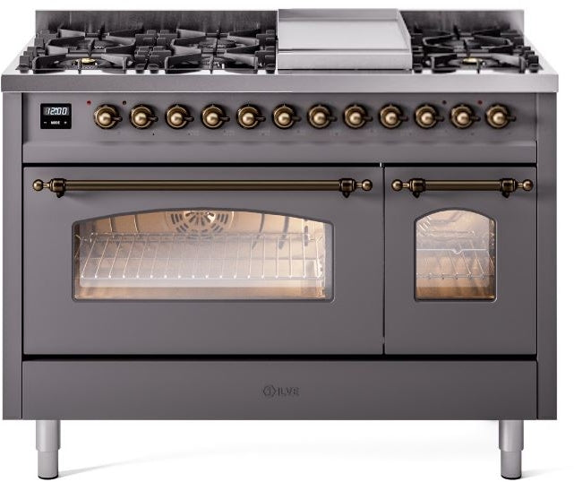 ILVE Nostalgie II 48" Dual Fuel Propane Gas Range in Matte Graphite with Bronze Trim, UP48FNMPMGBLP