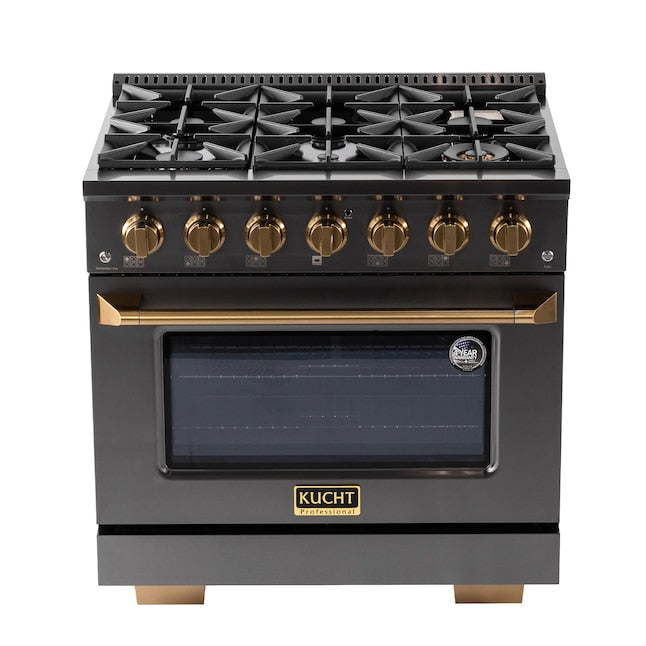 Kucht Gemstone Professional 36" 5.2 cu. ft. Dual Fuel Range in Titanium Stainless Steel with Gold Accents, KED364