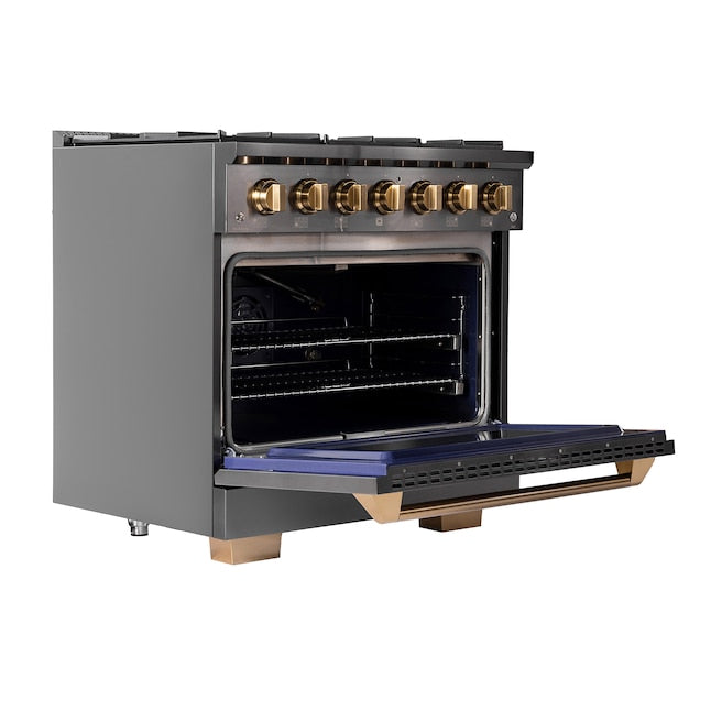 Kucht Gemstone Professional 36" 5.2 cu. ft. Natural Gas Range in Titanium Stainless Steel with Gold Accents, KEG363