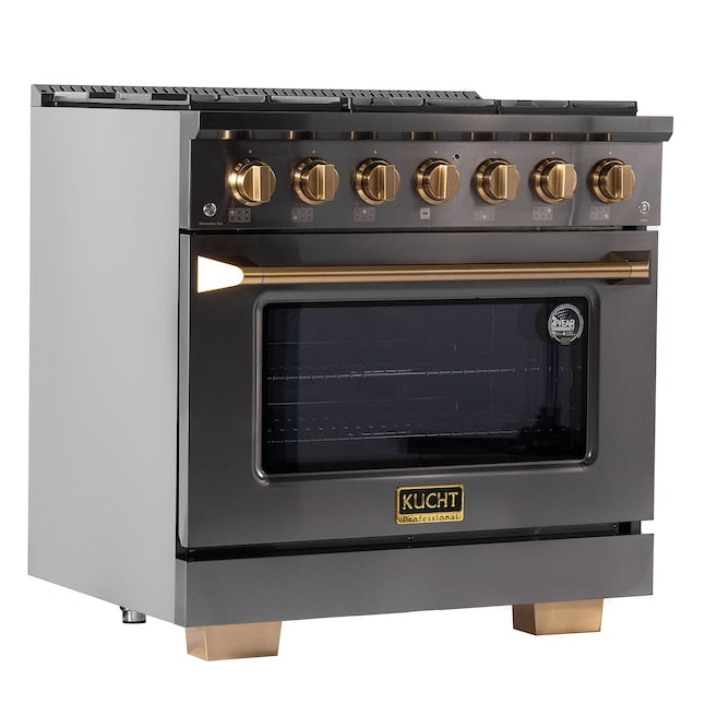 Kucht Gemstone Professional 36" 5.2 cu. ft. Natural Gas Range in Titanium Stainless Steel with Gold Accents, KEG363