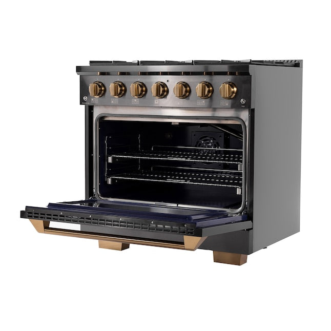 Kucht Gemstone Professional 36" 5.2 cu. ft. Natural Gas Range in Titanium Stainless Steel with Gold Accents, KEG363