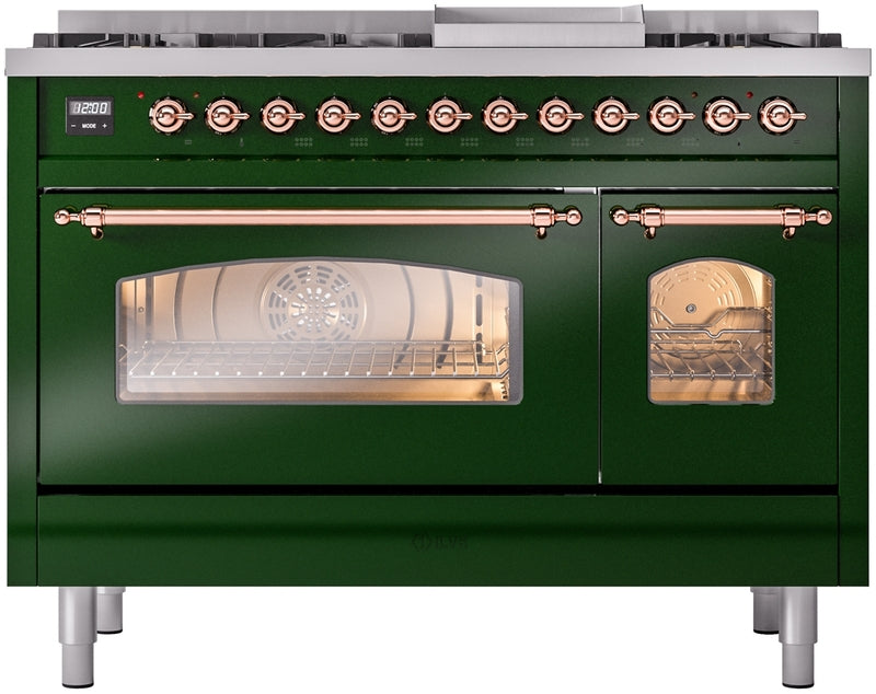 ILVE Nostalgie II 48" Dual Fuel Natural Gas Range in Emerald Green with Copper Trim, UP48FNMPEGP