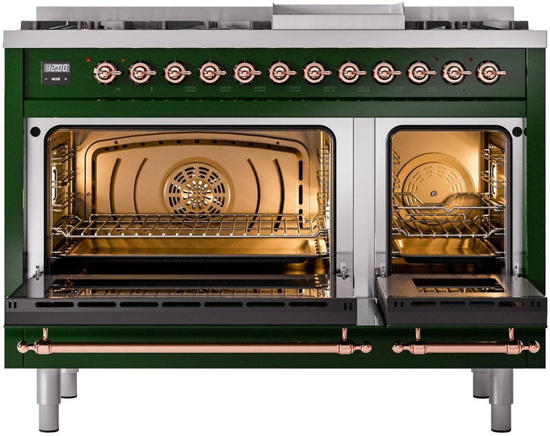 ILVE Nostalgie II 48" Dual Fuel Natural Gas Range in Emerald Green with Copper Trim, UP48FNMPEGP