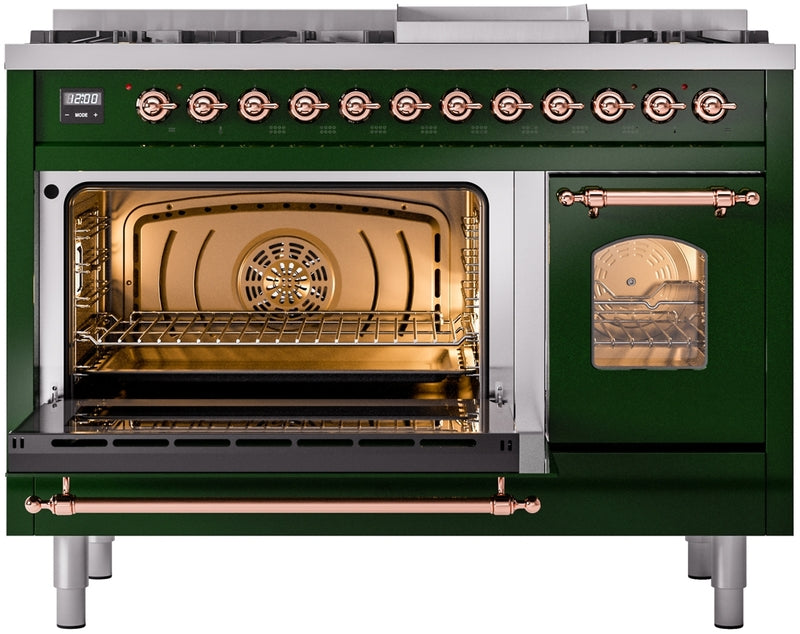 ILVE Nostalgie II 48" Dual Fuel Natural Gas Range in Emerald Green with Copper Trim, UP48FNMPEGP