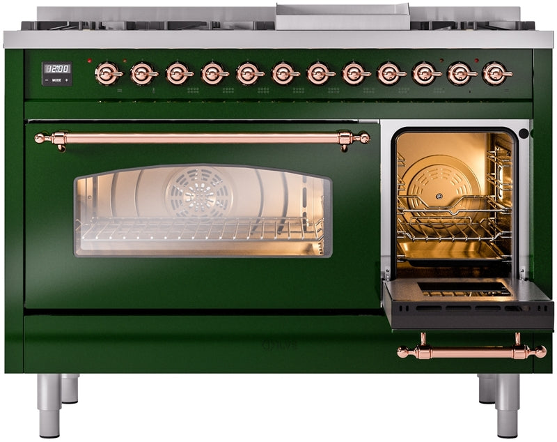 ILVE Nostalgie II 48" Dual Fuel Natural Gas Range in Emerald Green with Copper Trim, UP48FNMPEGP