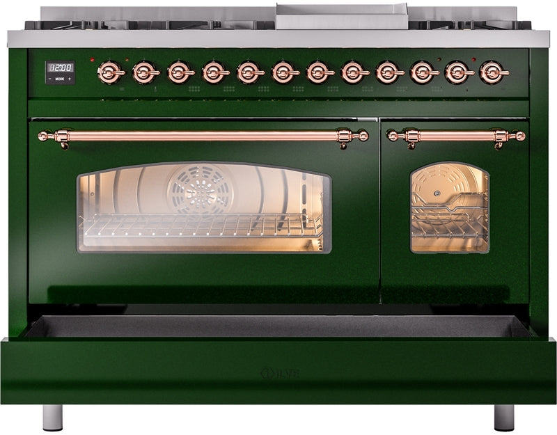 ILVE Nostalgie II 48" Dual Fuel Natural Gas Range in Emerald Green with Copper Trim, UP48FNMPEGP