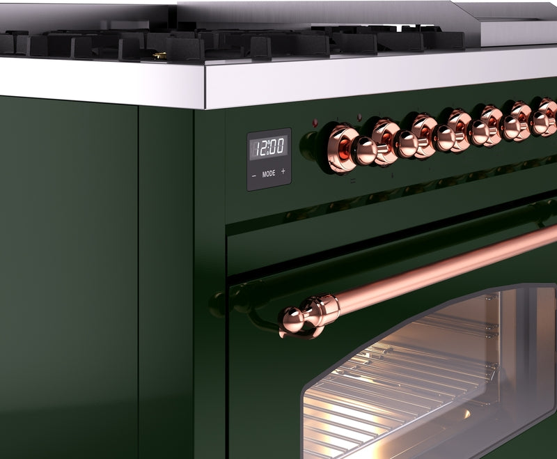 ILVE Nostalgie II 48" Dual Fuel Natural Gas Range in Emerald Green with Copper Trim, UP48FNMPEGP