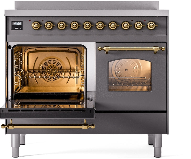 ILVE Nostalgie II 40" Induction Range with Element Stove and Electric Oven in Matte Graphite with Brass Trim, UPDI406NMPMGG