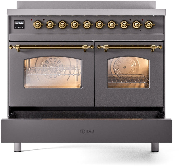 ILVE Nostalgie II 40" Induction Range with Element Stove and Electric Oven in Matte Graphite with Brass Trim, UPDI406NMPMGG