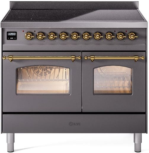 ILVE Nostalgie II 40" Induction Range with Element Stove and Electric Oven in Matte Graphite with Brass Trim, UPDI406NMPMGG